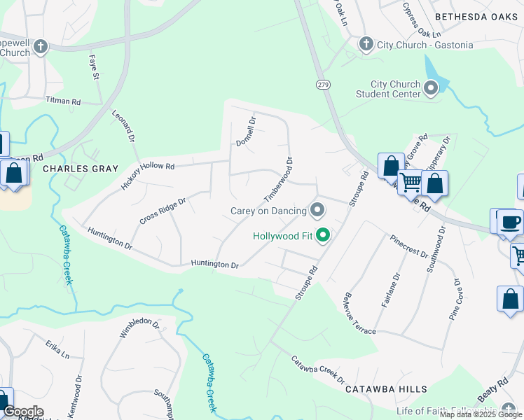 map of restaurants, bars, coffee shops, grocery stores, and more near 4362 Timberwood Drive in Gastonia