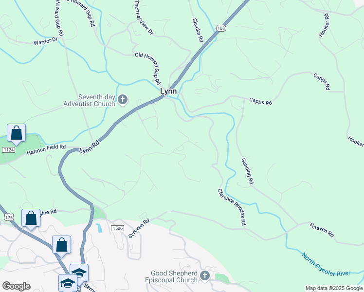 map of restaurants, bars, coffee shops, grocery stores, and more near 590 Wilderness Road in Tryon