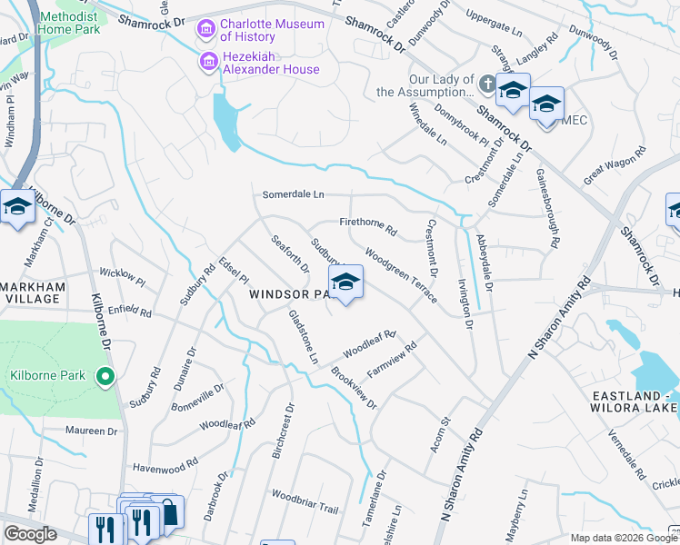 map of restaurants, bars, coffee shops, grocery stores, and more near 3850 Sudbury Road in Charlotte