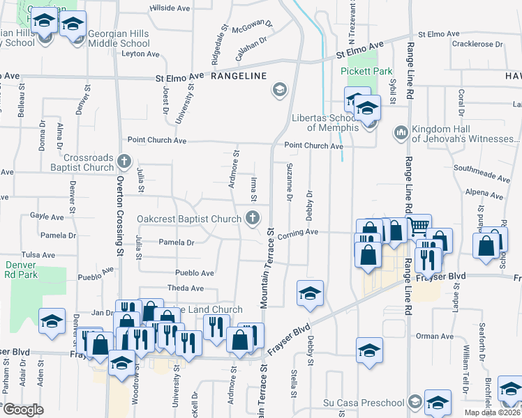 map of restaurants, bars, coffee shops, grocery stores, and more near 2359 Celeste Drive in Memphis