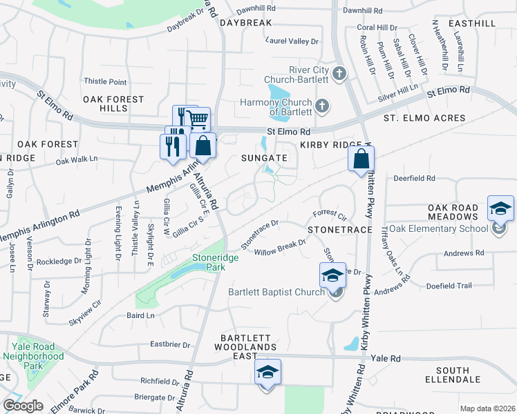 map of restaurants, bars, coffee shops, grocery stores, and more near 6609 Sungate Drive West in Memphis