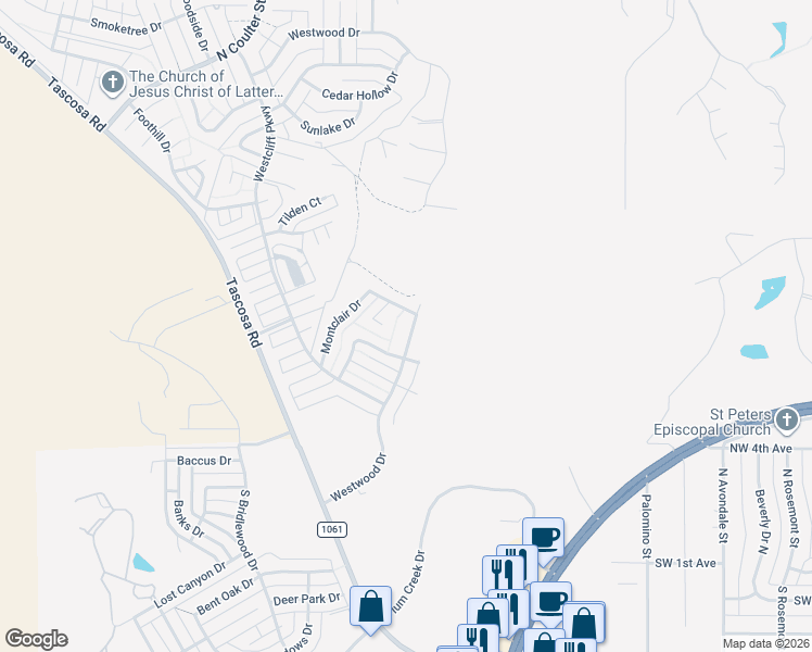 map of restaurants, bars, coffee shops, grocery stores, and more near 1317 Westwood Drive in Amarillo