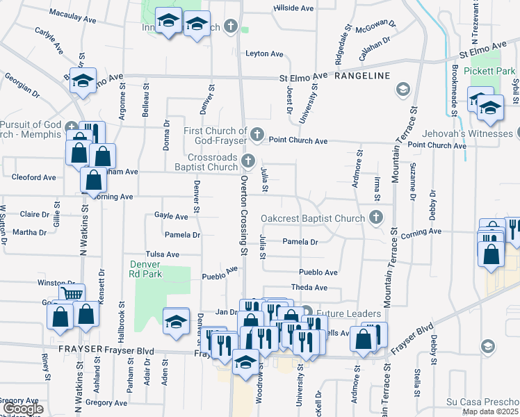 map of restaurants, bars, coffee shops, grocery stores, and more near 3628 Overton Crossing Street in Memphis