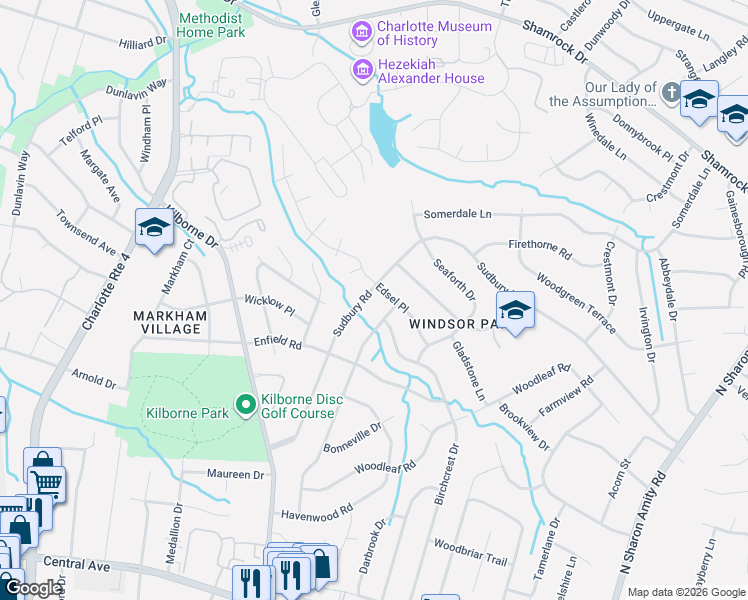 map of restaurants, bars, coffee shops, grocery stores, and more near 3426 Sudbury Road in Charlotte