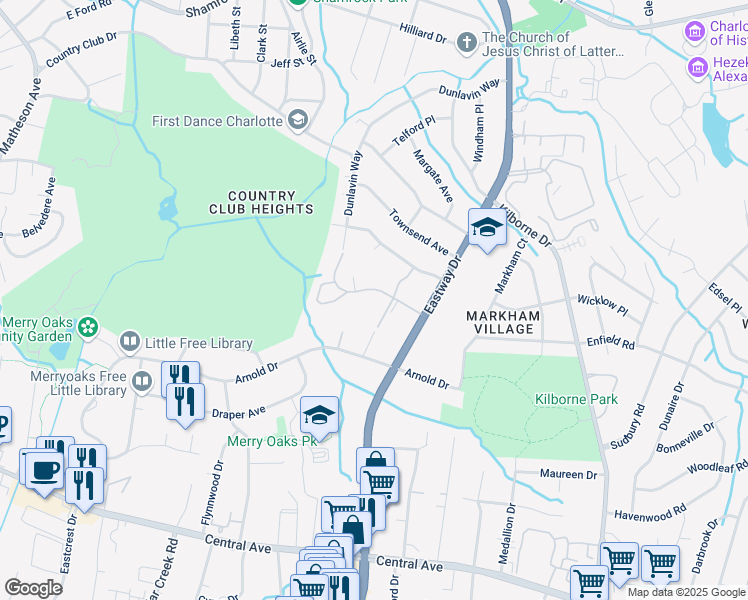 map of restaurants, bars, coffee shops, grocery stores, and more near 2512 Roseview Lane in Charlotte