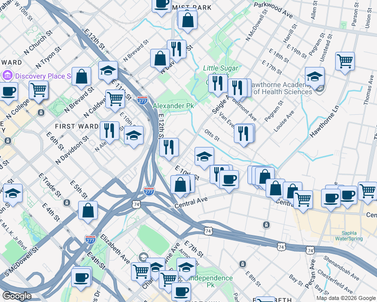 map of restaurants, bars, coffee shops, grocery stores, and more near in Charlotte