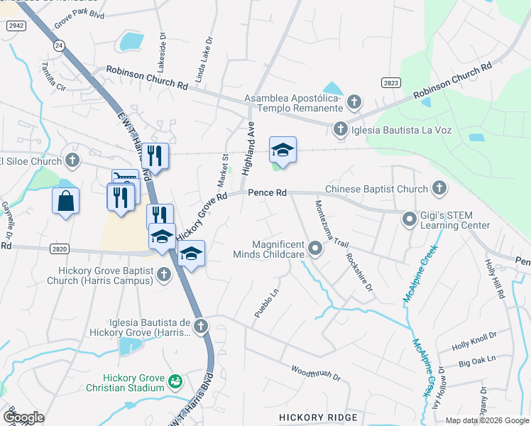map of restaurants, bars, coffee shops, grocery stores, and more near in Charlotte