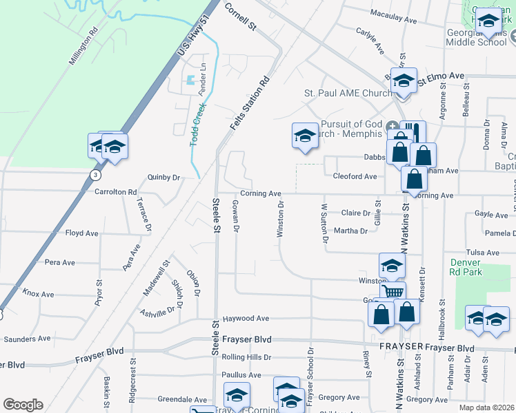map of restaurants, bars, coffee shops, grocery stores, and more near 1541 Corning Avenue in Memphis