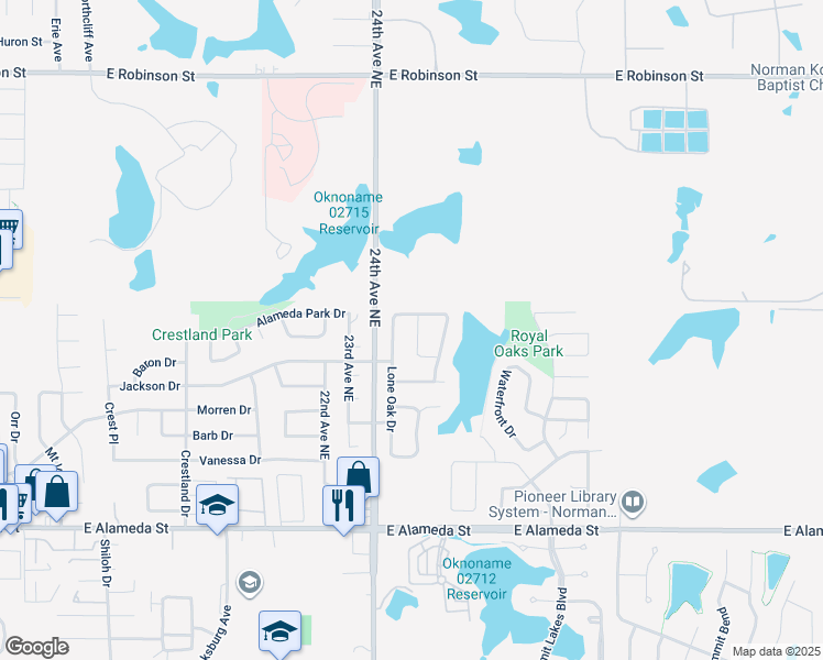 map of restaurants, bars, coffee shops, grocery stores, and more near 528 Woodsong Drive in Norman