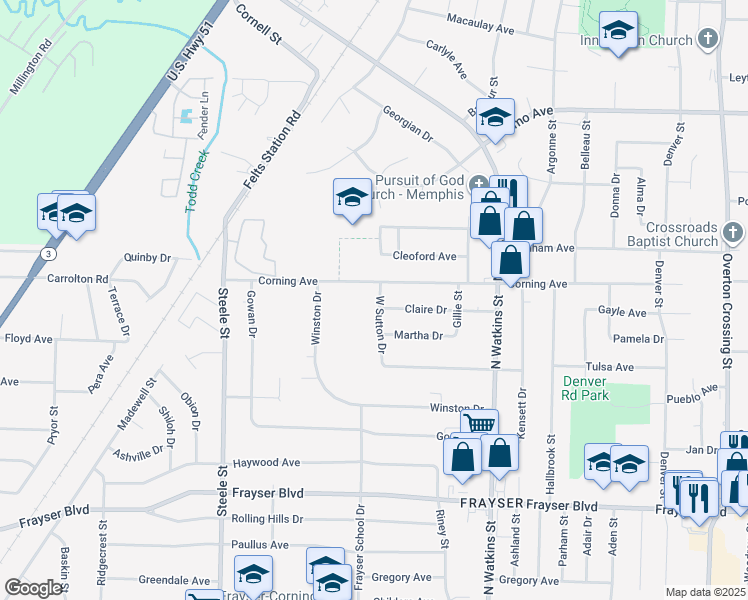 map of restaurants, bars, coffee shops, grocery stores, and more near 3627 West Sutton Drive in Memphis