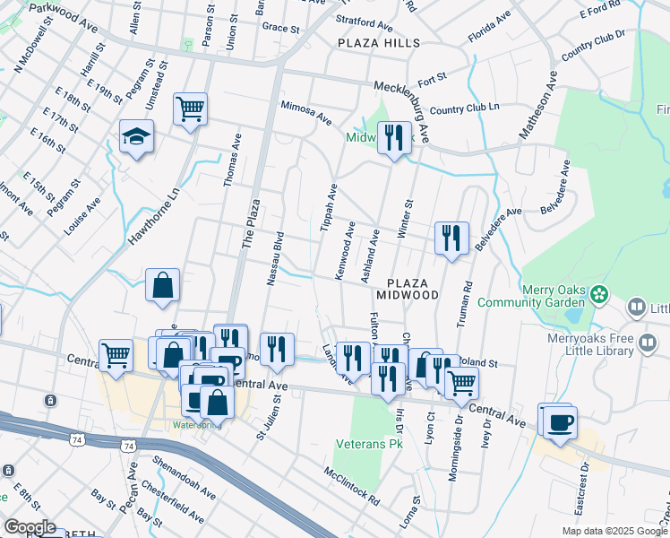 map of restaurants, bars, coffee shops, grocery stores, and more near 1911 Kenwood Avenue in Charlotte