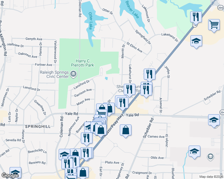 map of restaurants, bars, coffee shops, grocery stores, and more near 3611 Merritt Cove in Memphis