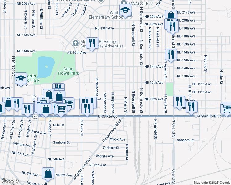 map of restaurants, bars, coffee shops, grocery stores, and more near 3002 Northeast 11th Avenue in Amarillo