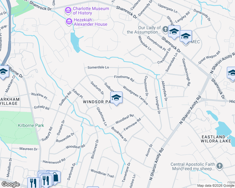 map of restaurants, bars, coffee shops, grocery stores, and more near 3900 Sudbury Road in Charlotte