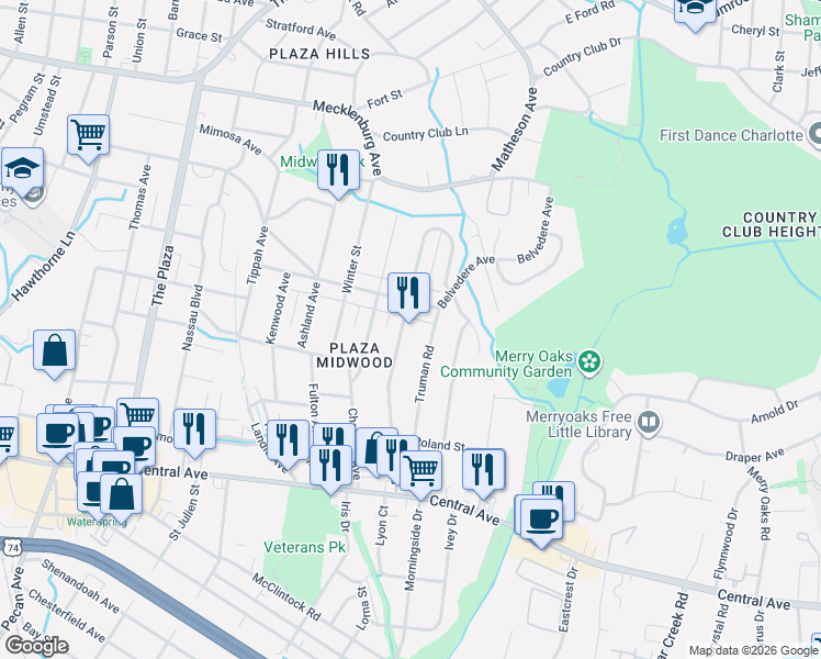map of restaurants, bars, coffee shops, grocery stores, and more near 2008 Club Rd in Charlotte