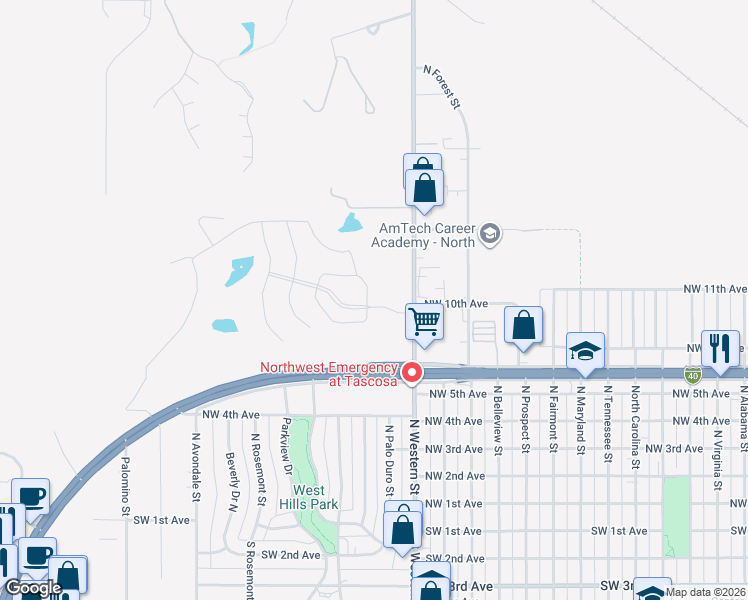 map of restaurants, bars, coffee shops, grocery stores, and more near 801 North Western Street in Amarillo