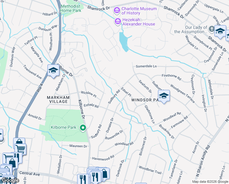 map of restaurants, bars, coffee shops, grocery stores, and more near 3401 Sudbury Road in Charlotte