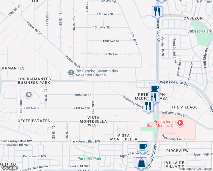 map of restaurants, bars, coffee shops, grocery stores, and more near 1601 Wellspring Avenue Southeast in Rio Rancho