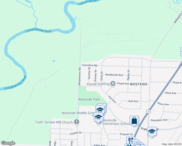 map of restaurants, bars, coffee shops, grocery stores, and more near 3624 Sunrise Street in Memphis