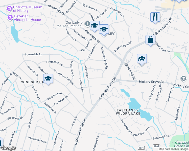 map of restaurants, bars, coffee shops, grocery stores, and more near 4313 Ivanhoe Place in Charlotte