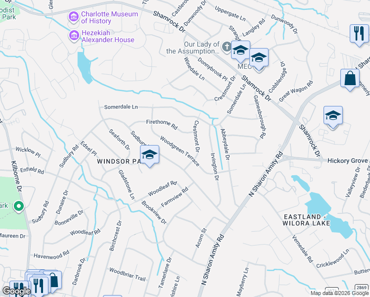 map of restaurants, bars, coffee shops, grocery stores, and more near 4033 Woodgreen Terrace in Charlotte