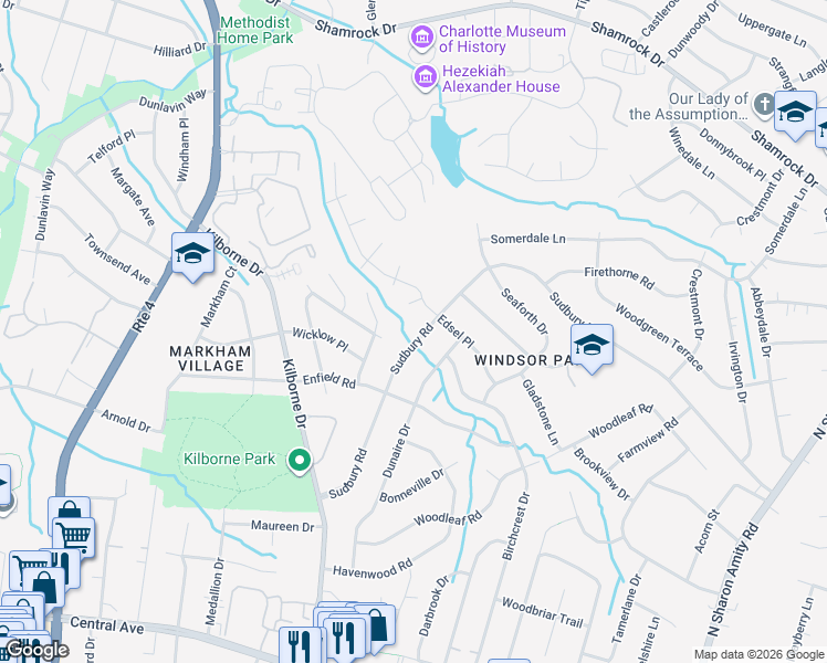 map of restaurants, bars, coffee shops, grocery stores, and more near 3401 Sudbury Road in Charlotte