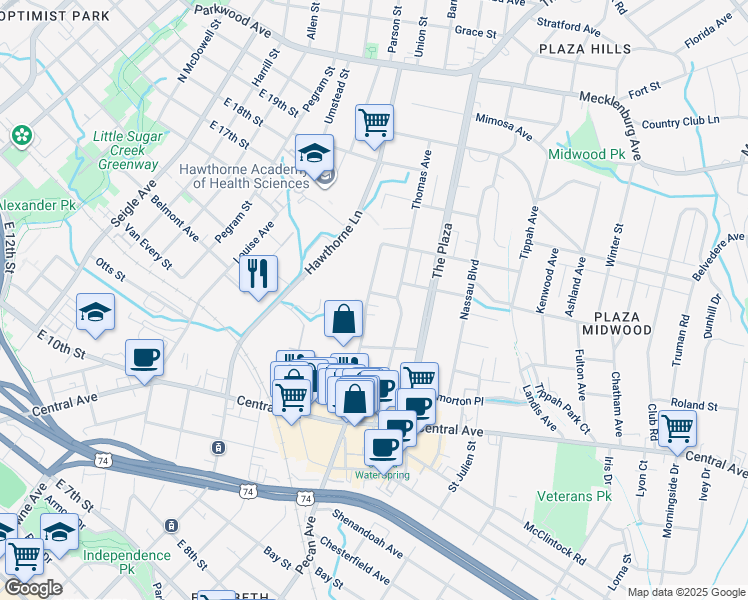 map of restaurants, bars, coffee shops, grocery stores, and more near in Charlotte