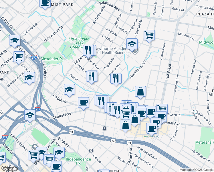 map of restaurants, bars, coffee shops, grocery stores, and more near 1101 Hawthorne Lane in Charlotte