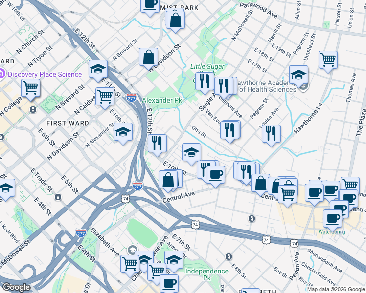 map of restaurants, bars, coffee shops, grocery stores, and more near 11007 Stetler Street in Charlotte