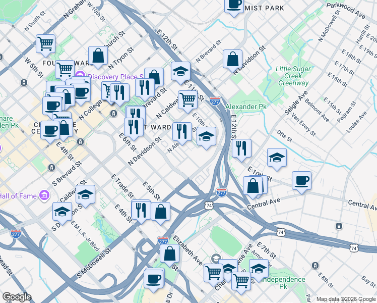 map of restaurants, bars, coffee shops, grocery stores, and more near in Charlotte