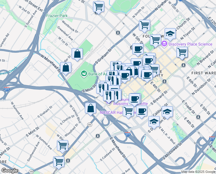 map of restaurants, bars, coffee shops, grocery stores, and more near 620 South Church Street in Charlotte