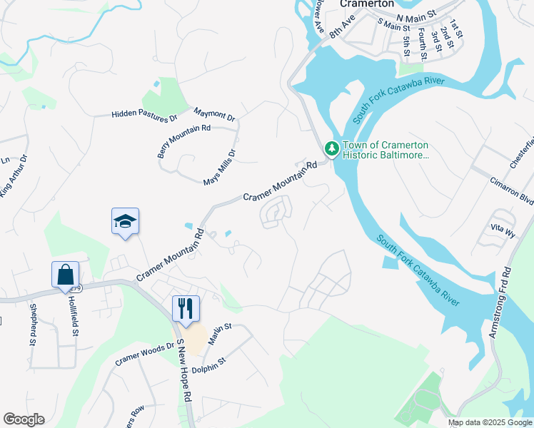 map of restaurants, bars, coffee shops, grocery stores, and more near 301 Cramer Mountain Road in Cramerton