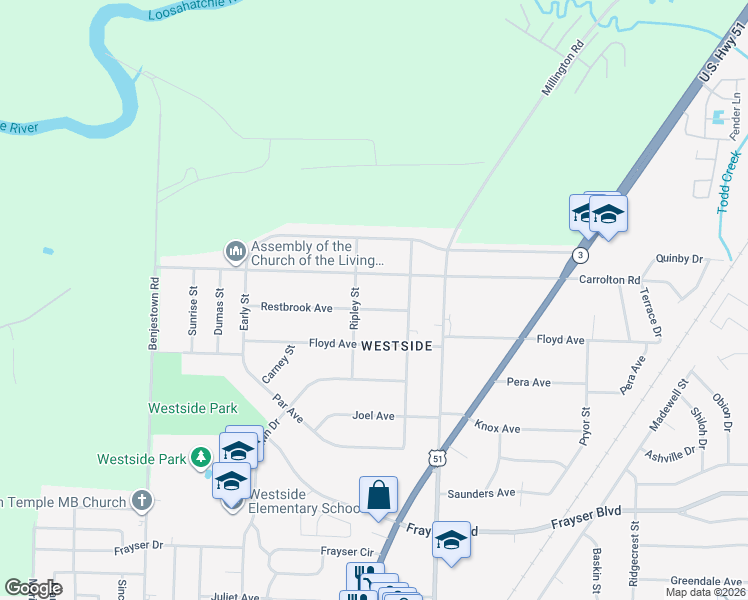 map of restaurants, bars, coffee shops, grocery stores, and more near 970 Restbrook Avenue in Memphis