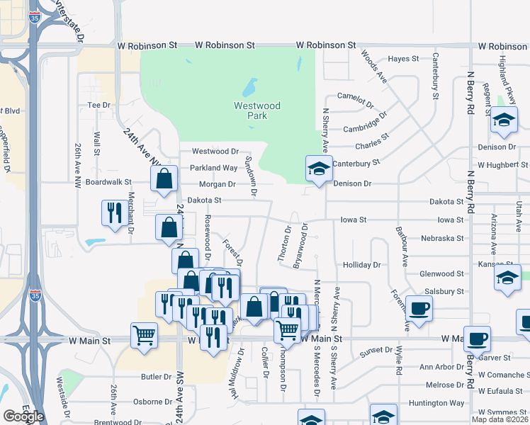 map of restaurants, bars, coffee shops, grocery stores, and more near 500 Merkle Drive in Norman