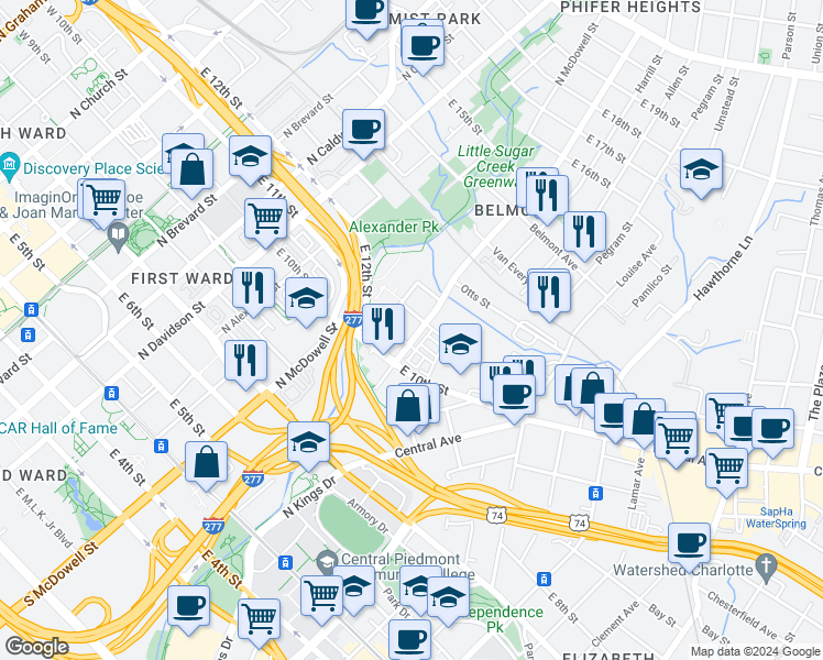 map of restaurants, bars, coffee shops, grocery stores, and more near 725 Seigle Avenue in Charlotte
