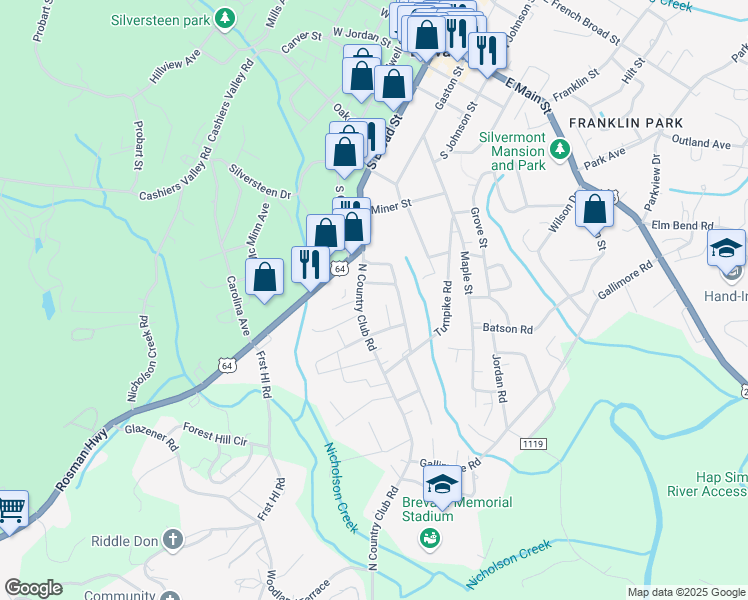 map of restaurants, bars, coffee shops, grocery stores, and more near 115 North Country Club Road in Brevard