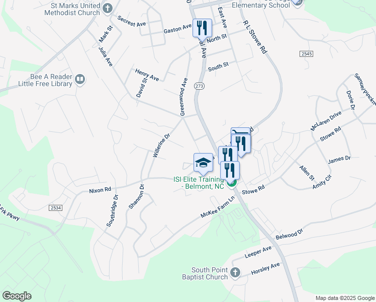 map of restaurants, bars, coffee shops, grocery stores, and more near 6446 Kathyrn Court in Belmont