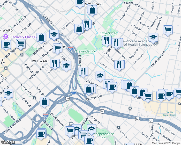 map of restaurants, bars, coffee shops, grocery stores, and more near 729 Seigle Avenue in Charlotte