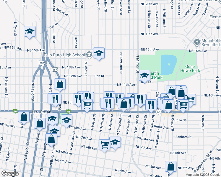 map of restaurants, bars, coffee shops, grocery stores, and more near 1007 North Arthur Street in Amarillo