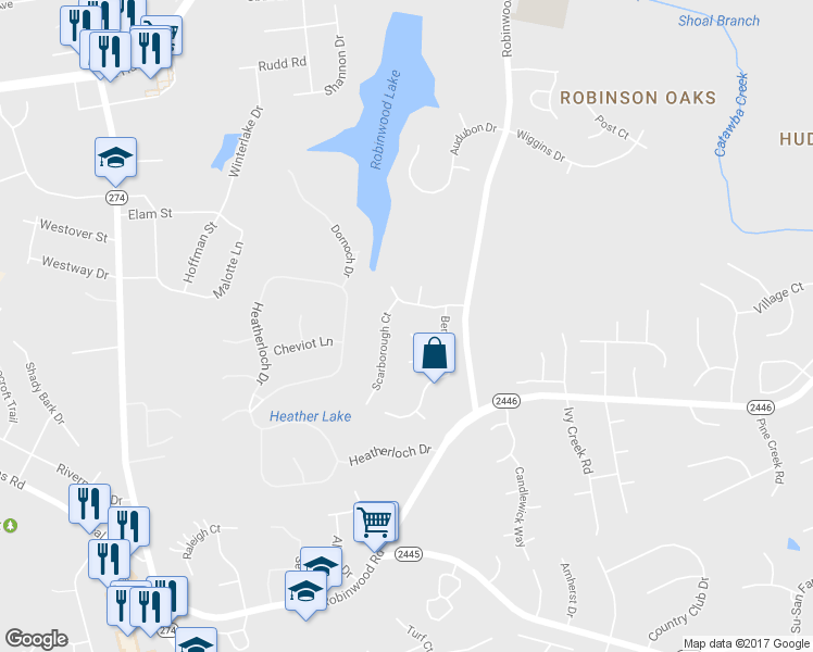 map of restaurants, bars, coffee shops, grocery stores, and more near 2800 Devonshire Court in Gastonia