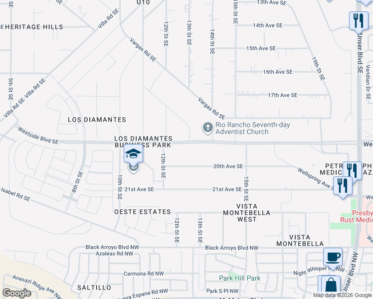 map of restaurants, bars, coffee shops, grocery stores, and more near 1220 19th Avenue Southeast in Rio Rancho