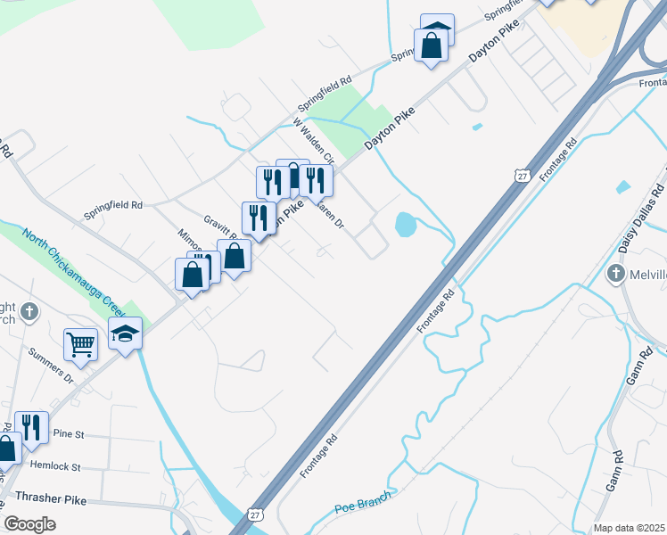 map of restaurants, bars, coffee shops, grocery stores, and more near 205 Eveningside Drive in Soddy-Daisy