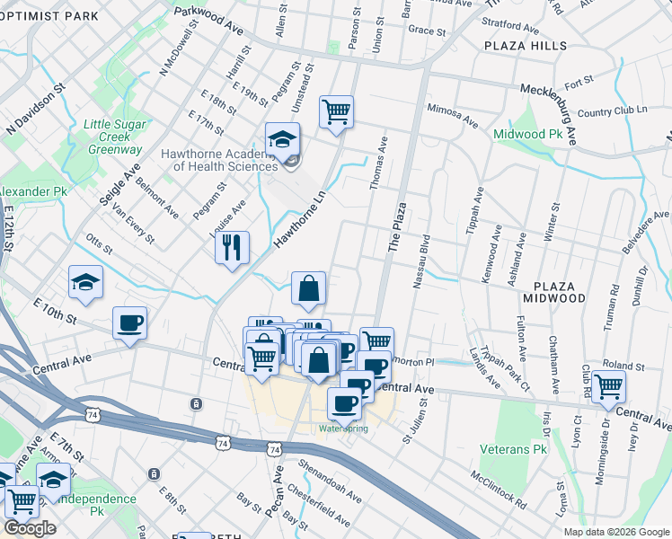 map of restaurants, bars, coffee shops, grocery stores, and more near in Charlotte