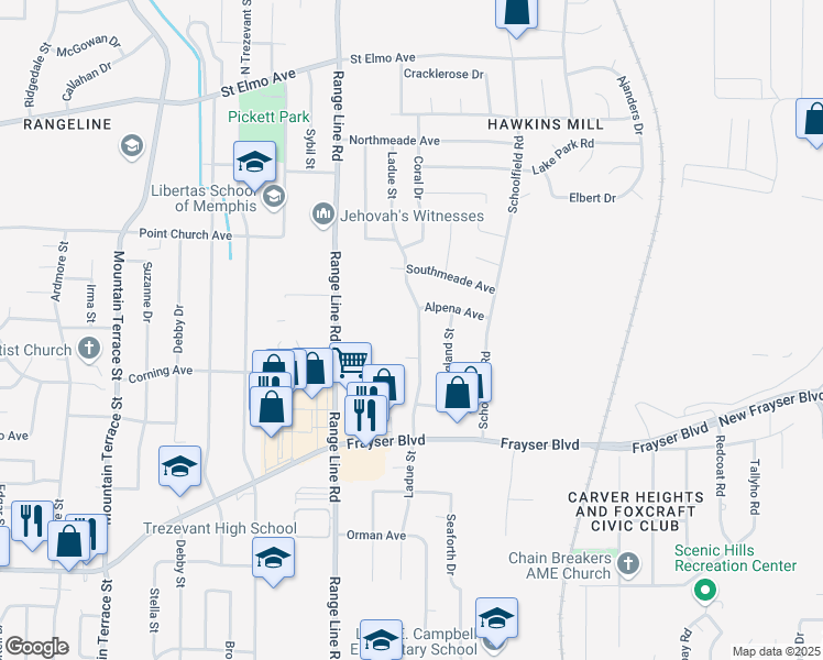 map of restaurants, bars, coffee shops, grocery stores, and more near 3629 Ladue Street in Memphis