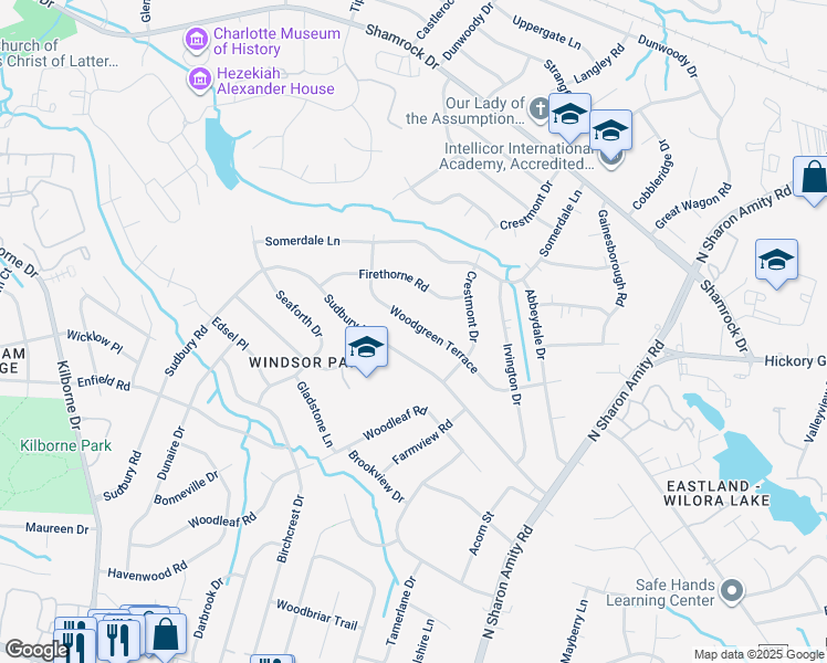map of restaurants, bars, coffee shops, grocery stores, and more near 4008 Woodgreen Terrace in Charlotte