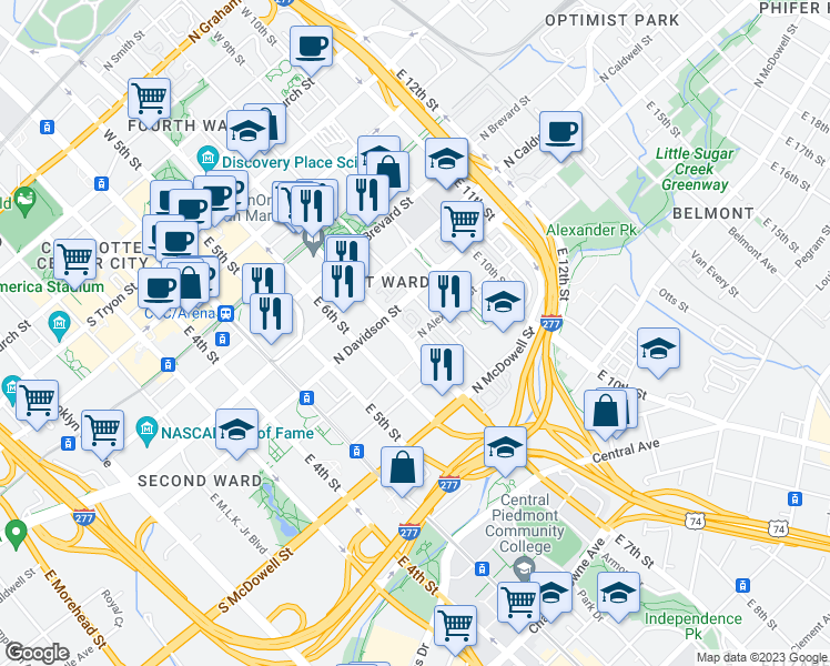 map of restaurants, bars, coffee shops, grocery stores, and more near 401 North Alexander Street in Charlotte