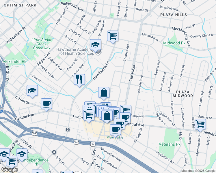 map of restaurants, bars, coffee shops, grocery stores, and more near in Charlotte