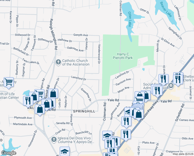 map of restaurants, bars, coffee shops, grocery stores, and more near 4346 Lansford Drive in Memphis
