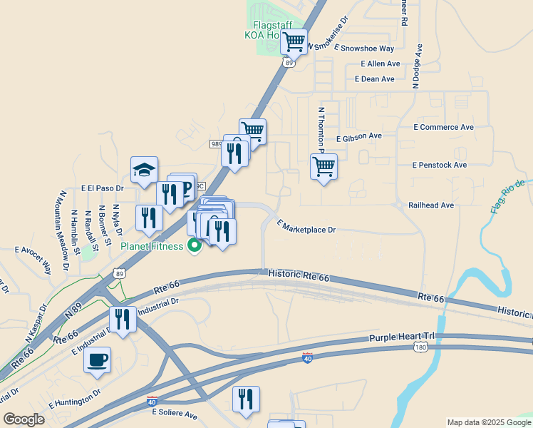 map of restaurants, bars, coffee shops, grocery stores, and more near 4901 North Mall Way in Flagstaff