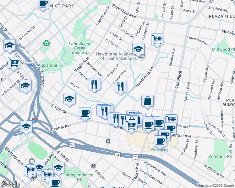 map of restaurants, bars, coffee shops, grocery stores, and more near 1111 Hawthorne Lane in Charlotte